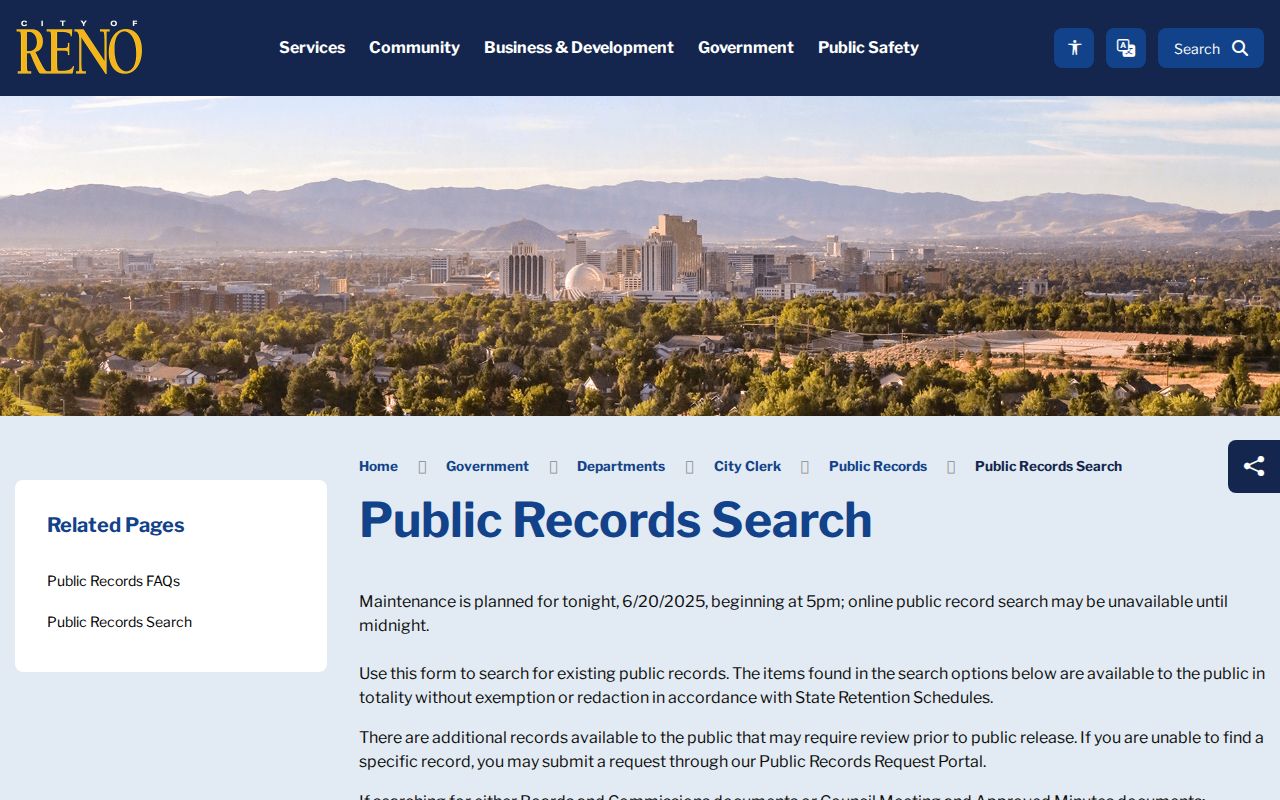 Reno residents directory City public-record search controls