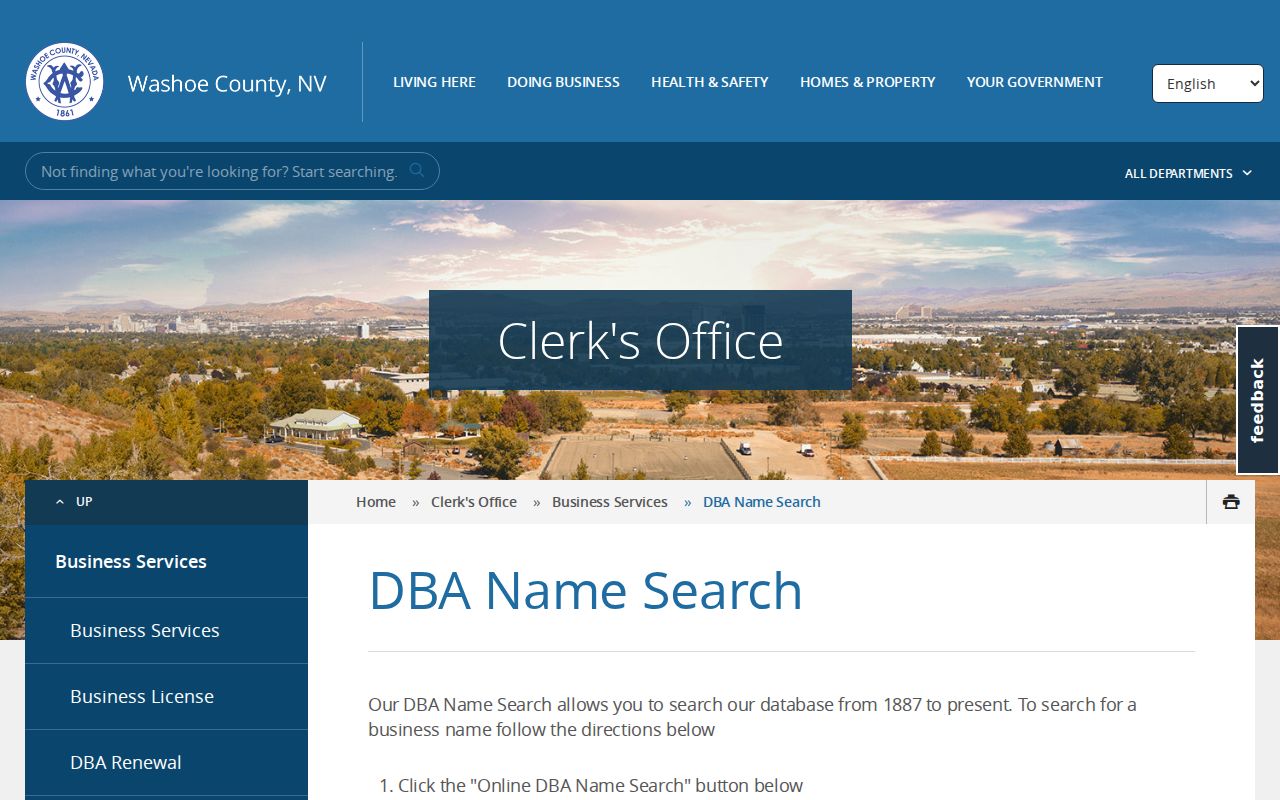 Reno residents directory Washoe County DBA search controls