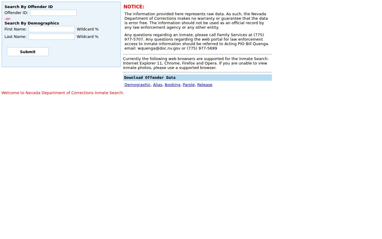 Reno residents directory Nevada Department of Corrections name search