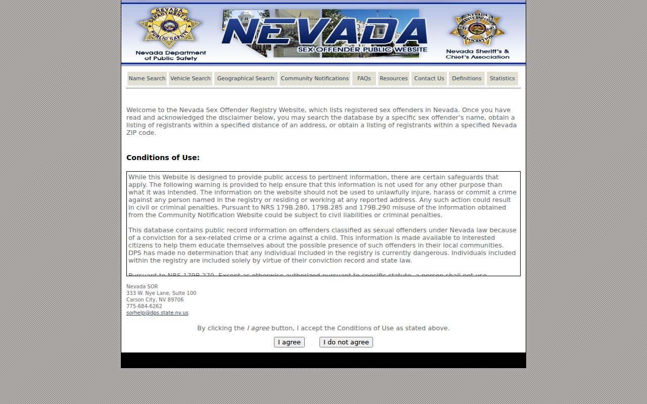 Reno neighbors Nevada registry search conditions and identification warning