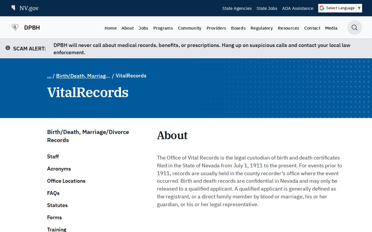 Reno residents directory Nevada vital records access page